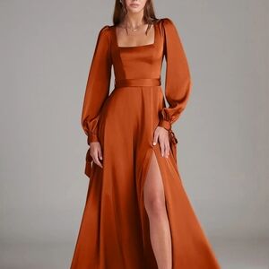 Azazie Rust Satin Square-Neck Long Sleeve Gown SZ A0